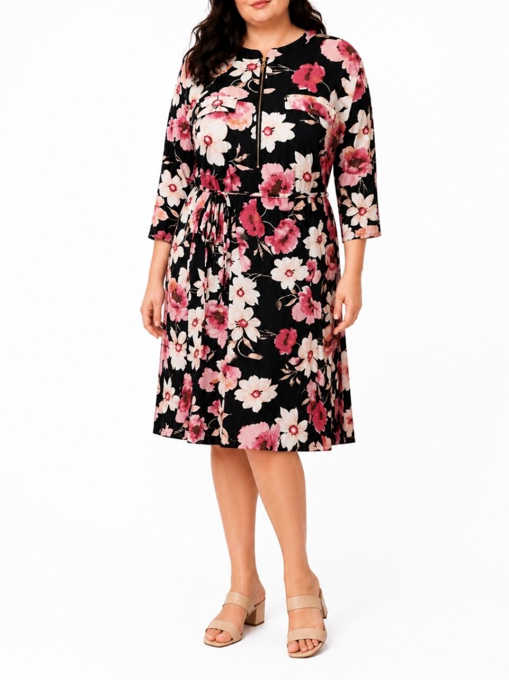Magazine Xl Floral Adjustable Sleeve Tie Dress Half Zip